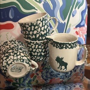 Moose Country Folklore Ceramic Coffee Mugs (3) and Creamer Set - Green and White